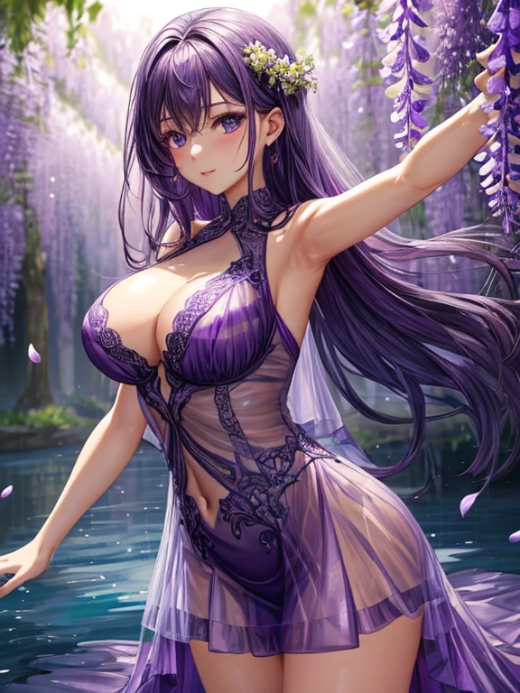 {{{{masterpiece}}}}, {{{super detailed}}}, {{{High resolution}}}, {{excellent ???????}}, (((highest quality))), ((very delicate and beautiful)), {{very detailed and delicate}}, {8k cg wallpaper},((detailed background))One female、best style、beautiful woman、The most beautiful woman in the world、Purple flowers are blooming on the purple lake surface, soft purple glow, Purple light, (purple wisteria forest), Dynamic lighting for the wisteria season, art, shining purple, Purple petals are dancing everywhere、 The blossoming path to heaven, purple glow、Purple water、purple reflective water surface、purple light、(???? sheer dress:1.5),((???????????))、show through、waterside and wisteria、Detailed design、beautiful design、???? design、Sheer skin、shape of ??????