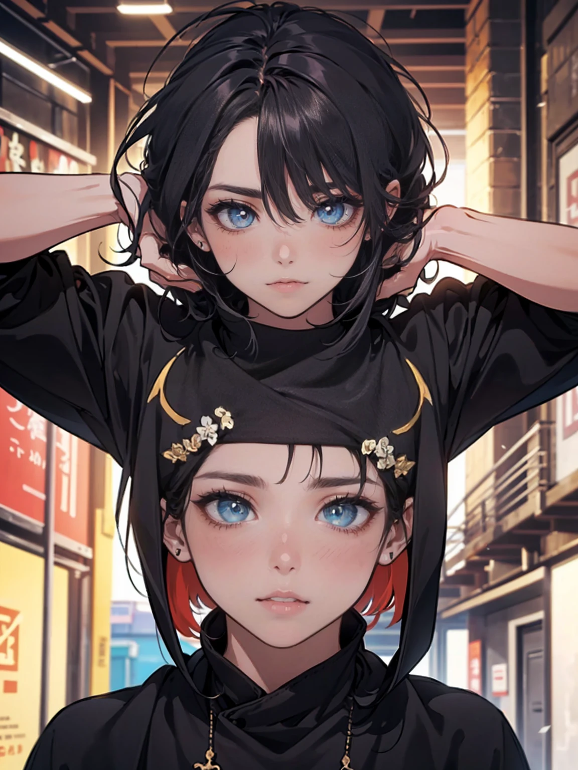 ((Mais alta qualidade, obra de arte, 4k, finamente detalhado, olhos detalhados, rosto detalhado, gelbooru, pixiv)), warm lighting, ((Sozinho)), 1 homem, bonito, Masculino, adulto masculino, ombros largos, close do rosto, ((cabelo preto do queixo)), retrato, leve blush nas bochechas, sorridente, olhando para o espectador, ((lazy eyes, semi-tampado, bolsas oculares sob os olhos, olhos pretos com pupilas brancas)), usando roupas modernas, capuz com um logotipo, moletom, standing, Hands in pockets, ((Cabelo preto, Medium length hair, penteado desgrenhado, Messy hair)), fundo da cidade