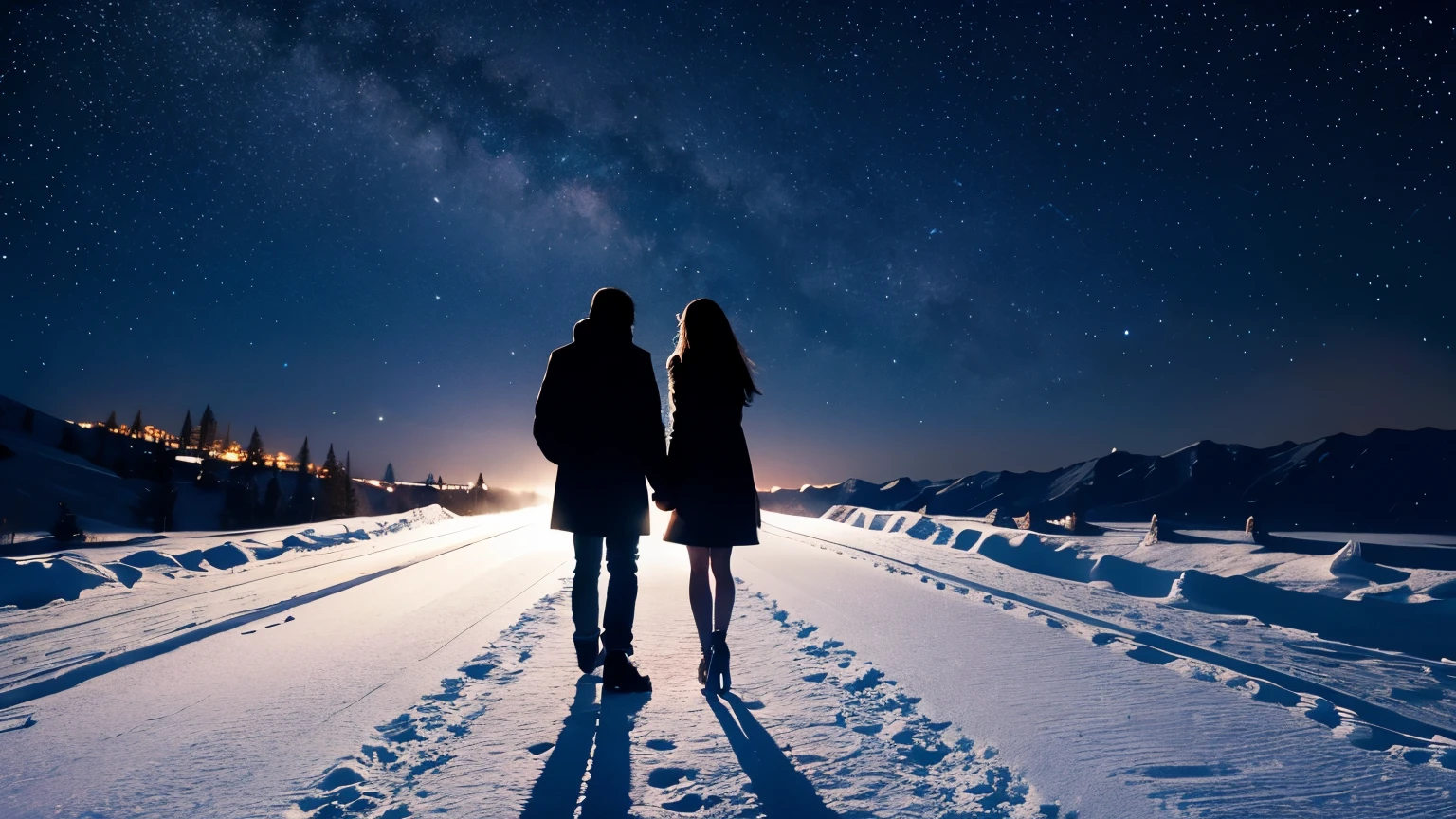 Fantastic scenery of snowy road at night, realistic, hyper realism, vibrant,winter,late night,silhouette of a couple,romantic,8K,Silhouettes of men and women