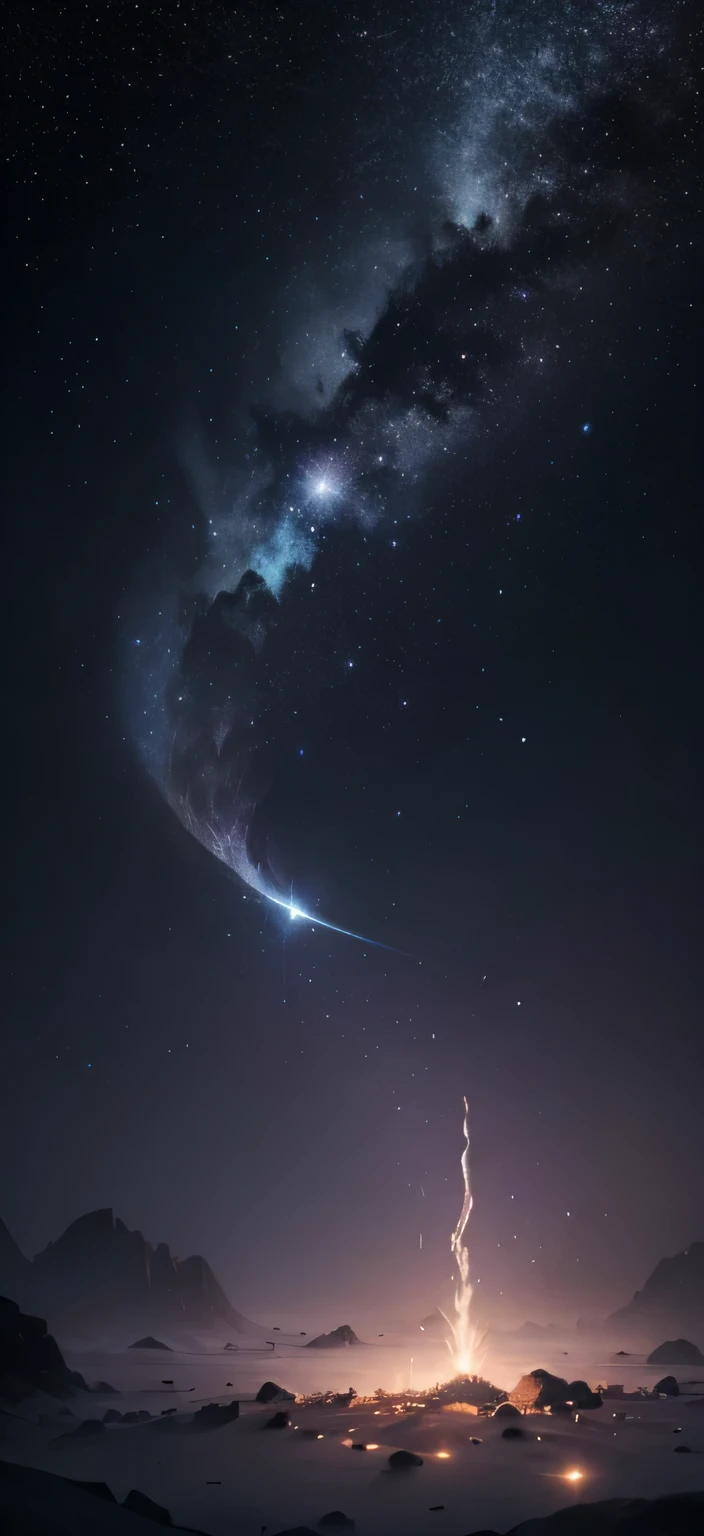 Generate a high-resolution image with a dark, starry background. The night sky should be filled with bright stars that create a sense of depth and mystery. Include a subtle cloud of smoke in the image to add an atmospheric element. The smoke should blend organically with the starry background, creating an ethereal and mysterious atmosphere. As cores na imagem devem ser profissionais, with a balance of tones that enhance the contrast between the bright stars and the dark background, as well as adding depth to the composition. Certifique-se de que a imagem seja altamente detalhada, with individual stars clearly visible and a realistic texture in the smoke. The image should evoke a cinematic feel that inspires contemplation and a connection to the universe. Do not include any other elements in the image, except for the starry background and smoke mentioned earlier. The goal is to create a visually impactful scene with the simplicity of these elements