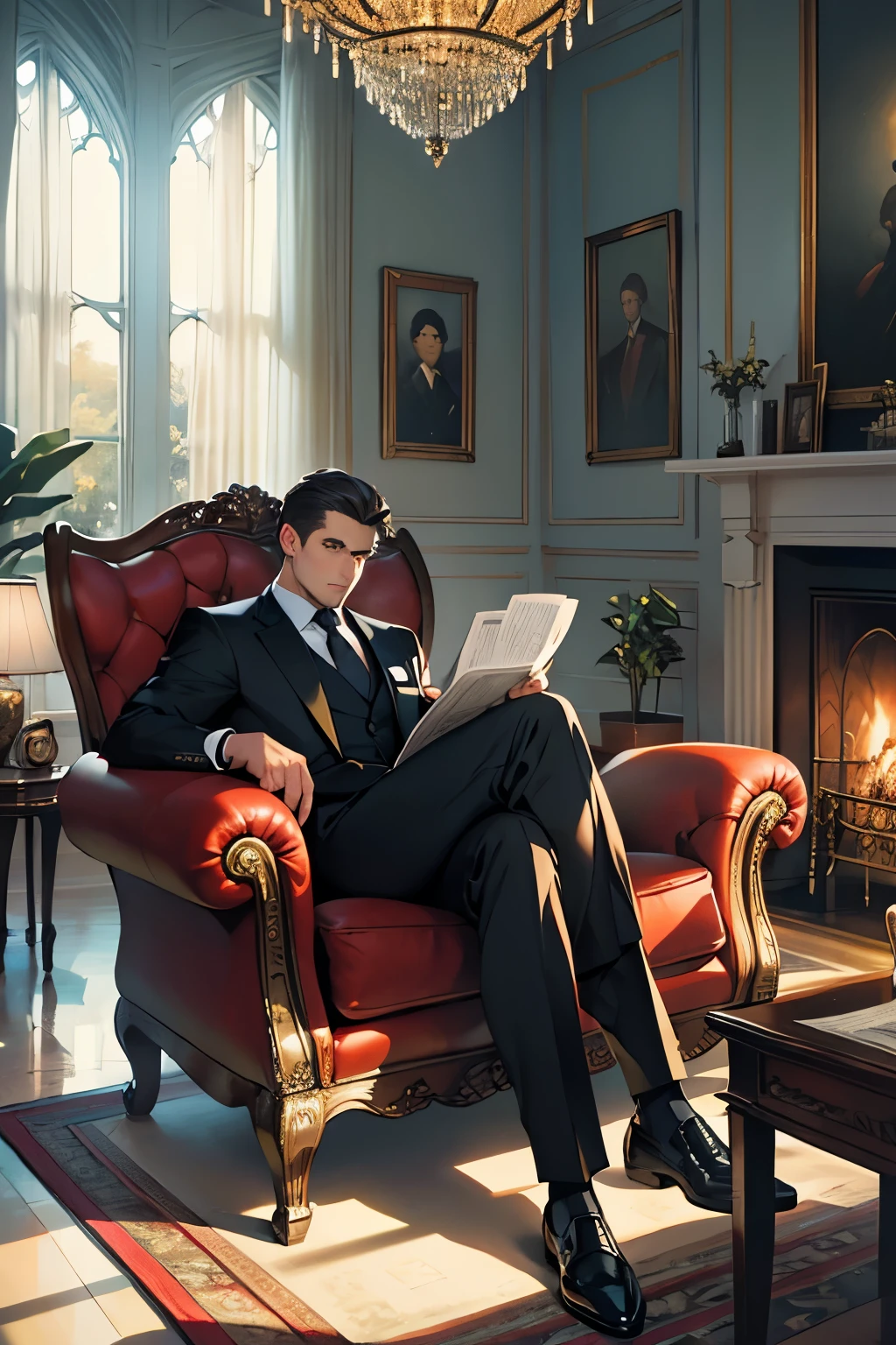 (Best Quality, 4k, high resolution, Masterpiece: 1.2), A professional man in a sharp suit and tie, holding a newspapers with serious expression, sitting on a plush armchair in a spacious, fantastical house room. The sun rays filtering through the large bay windows illuminating the scene. His eyes are intently focused on the pages of the newspaper, a cup of hot coffee resting on the side table.
A magnificent chandelier hangs above, casting a warm glow on the man and the room. The walls are adorned with intricate patterns and golden trimmings. An ornate fireplace crackles gently in the background, adding to the co
