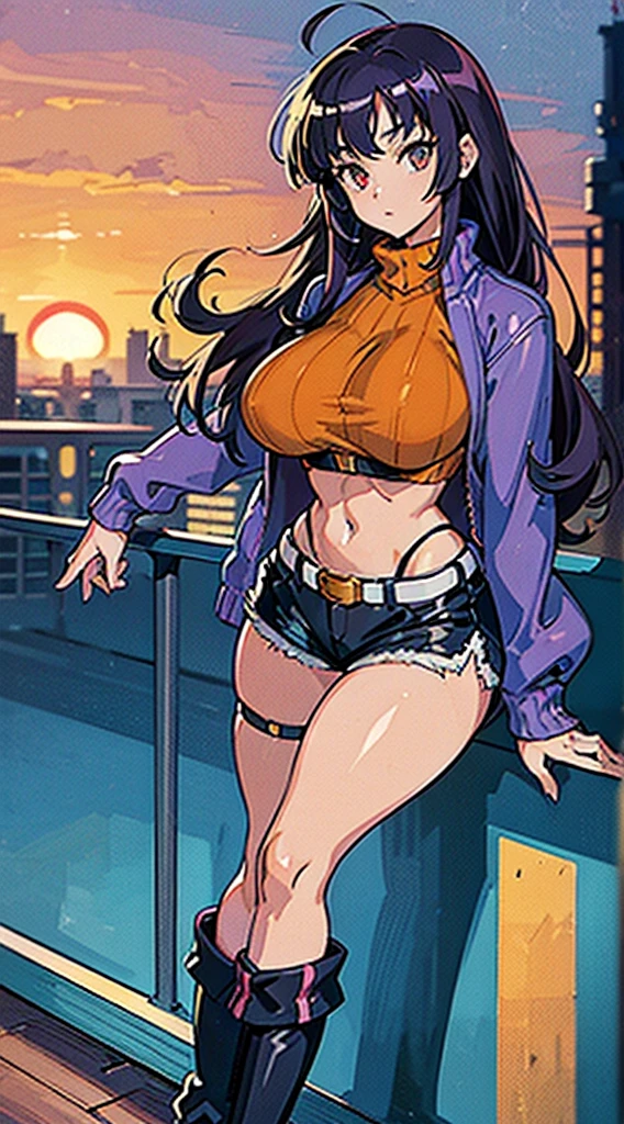 1990s anime, (masterpiece), high-definition, vibrant colors, korean girl, big boobs, big hips, messy dark purple hair, orange eyes, crop top sweater, jacket, shorts, belt, thong, thigh high stockings, boots, fishnet, balcony, leaning on the railing, sunset