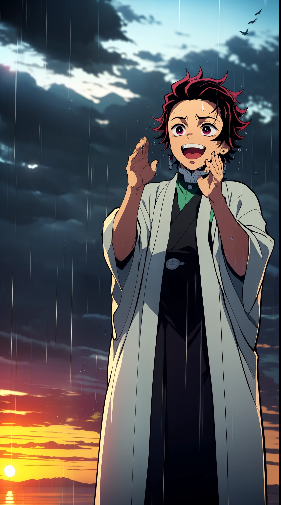 Tanjiro appear on our screen, laughing,  of birds and rain And the sun is rising in light from the sun that is coming from the clouds And Tanjiro raise their hands and up And his clothes are full of water