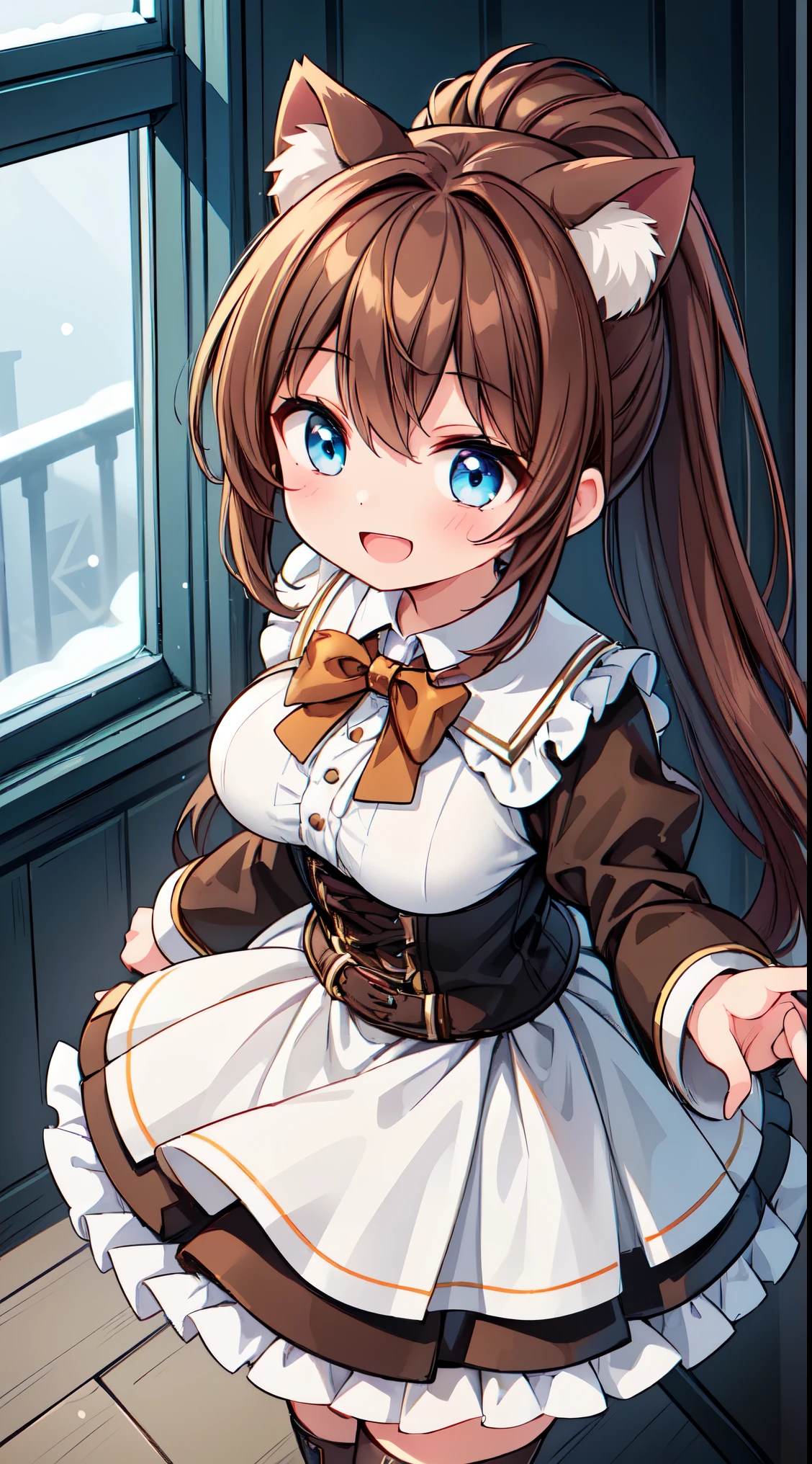 (8k, best quality, masterpiece:1.2),(best quality:1.0), (ultra highres:1.0), watercolor,


BREAK, 1 beautiful girl, (17 years old girl),Solo,(Cute:1.5),(Chibi:0.6),(kawaii:1.5),(Lori:0.5),BREAK,1 beautiful girl, (17 years old girl), Very detailed, colourfull, highest details, BREAK, (Huge breasts: 1. 2), Clear skin, Beautiful skin, Shy skin, 1 beautiful girl, (Brown hair:1.75), (Cat ears, Ponytail, medium-Long hair: 1. 2), (Light blue eyes, long eyelashes, Double eyelids: 1. 2),Solo,gleaming skin, Clear skin, Beautiful skin,(best quality face),(Top quality glowing eyes),(The best smile,:D:1.45), nose blush, sleepy, grin, open mouth,
BREAK, train,station,(a girl), platform, snow, BREAK, (steampunk-inspired motif:1.33), smoky lace, brown corset, (closed collar long-sleeved blouse:1.2) heavy coat with black frills, a volumey pannier under a (long skirt:1.3), lace ruffle socks, top hat, goggles, lace-up boots, leather glove, steampunk-items,


BREAK,wakame,wakame,wakame,(Cowboy Shot,from above:1.4), 


BREAK,(Blurry background:1.3),(absurderes, hight resolution, Super Detail Art),cel shading,Clear Color, Lonely optical effect, Beautiful pictures, Bright glow, mystic atmosphere,(Close-up of girl:1.1), Mystical light particle effect,manga influence, clean line drawings, 