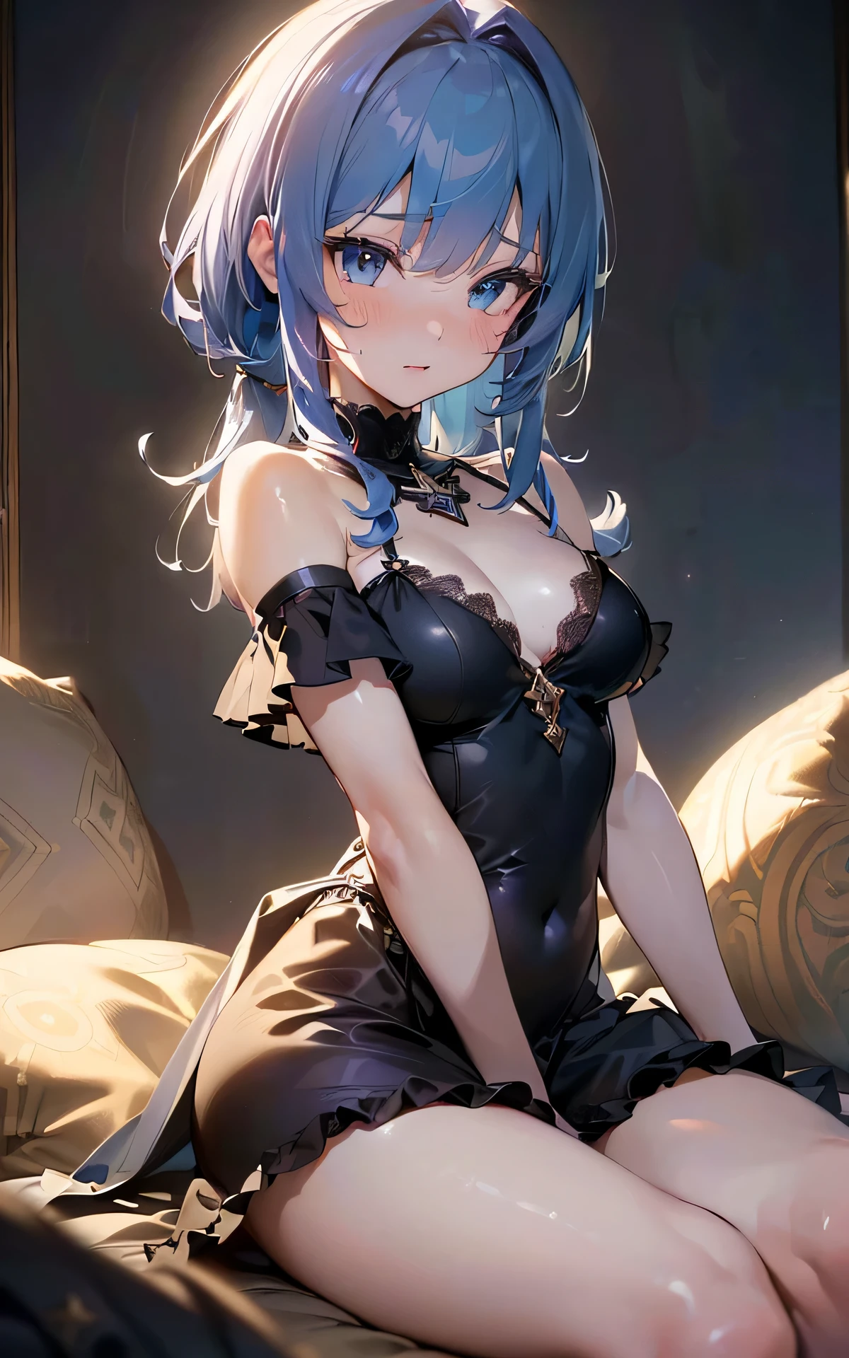 (Unity 16K Wallpaper, Masterpiece, Best Quality, Ultra Detailed, Extremely Detailed CG, Ultra High Resolution, Caustics, Detailed, Beautiful Detailed Eyes, solo, curby, negligee:1.3, portrait, embarrassed, straddle the cushion:1.3), fine skin, vivid blue hair