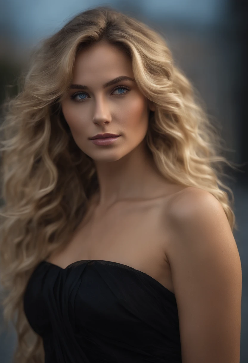 realistic full body focus picture of an european woman, age 30, with messy wavy hair and blonde highlights, beautiful blue eyes and an exquisite face. The blonde highlights catch the light, adding a luminous glow to her disheveled yet alluring hair. she wear beautifull black formal dress, light smile, Social realism, UHD, UHD, UHD, highres, best quality, high quality, high details, super detail, masterpiece, ccurate, retina, 8k