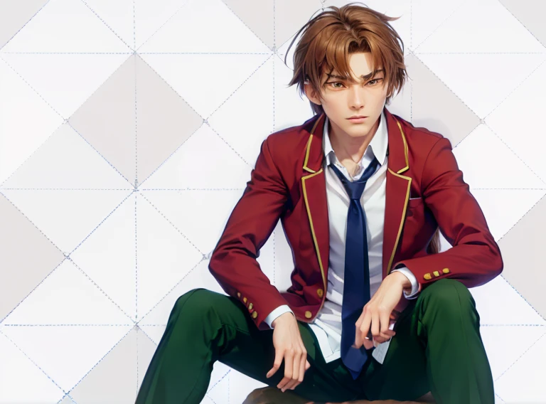 ultra realistic picture of anime male character Ayanokouji Kiyotaka, , sitting on a rock with his legs crossed, brown curtain messy hair, dark yellow eyes, flat face, no expression, bored eyes, flat eyebroes,wear school uniform, red blazer with yellow buttons, white shirt with blue tie, dark green long pants, anime character, classroom of the elite, white 3d background, detailed skin texture, ultra quality rendering,