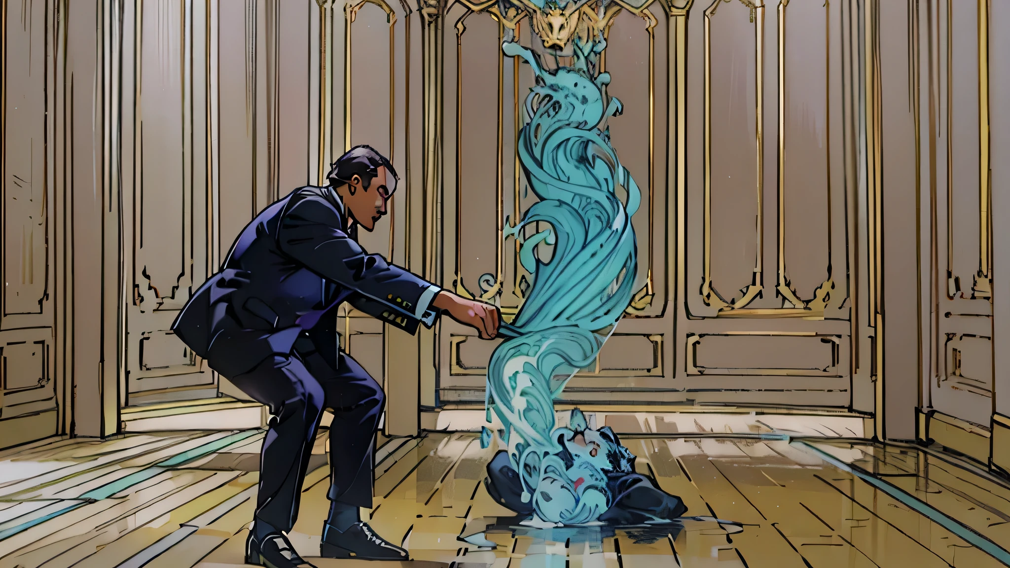 two men in suits being dragged by an invisible force to the center of a room