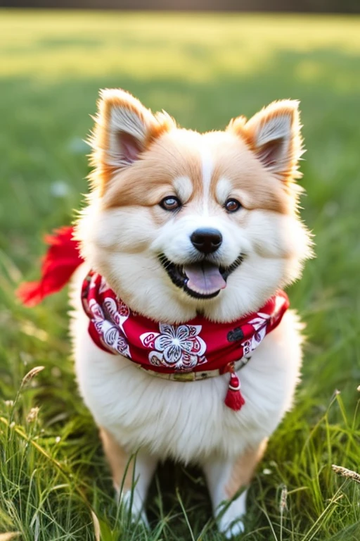 chubby very hairy German Spitz dog with red bandana around his neck on a flowering grass