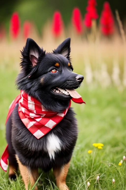chubby very hairy German Spitz dog with red bandana around his neck on a flowering grass
