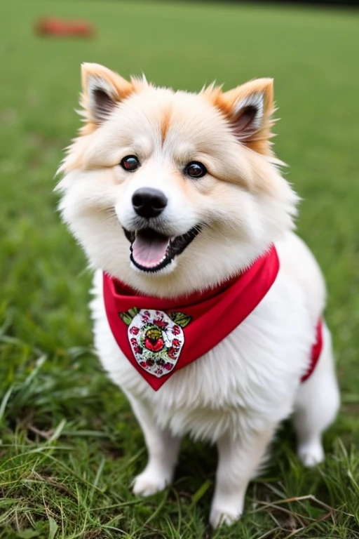 chubby very hairy German Spitz dog with red bandana around his neck on a flowering grass