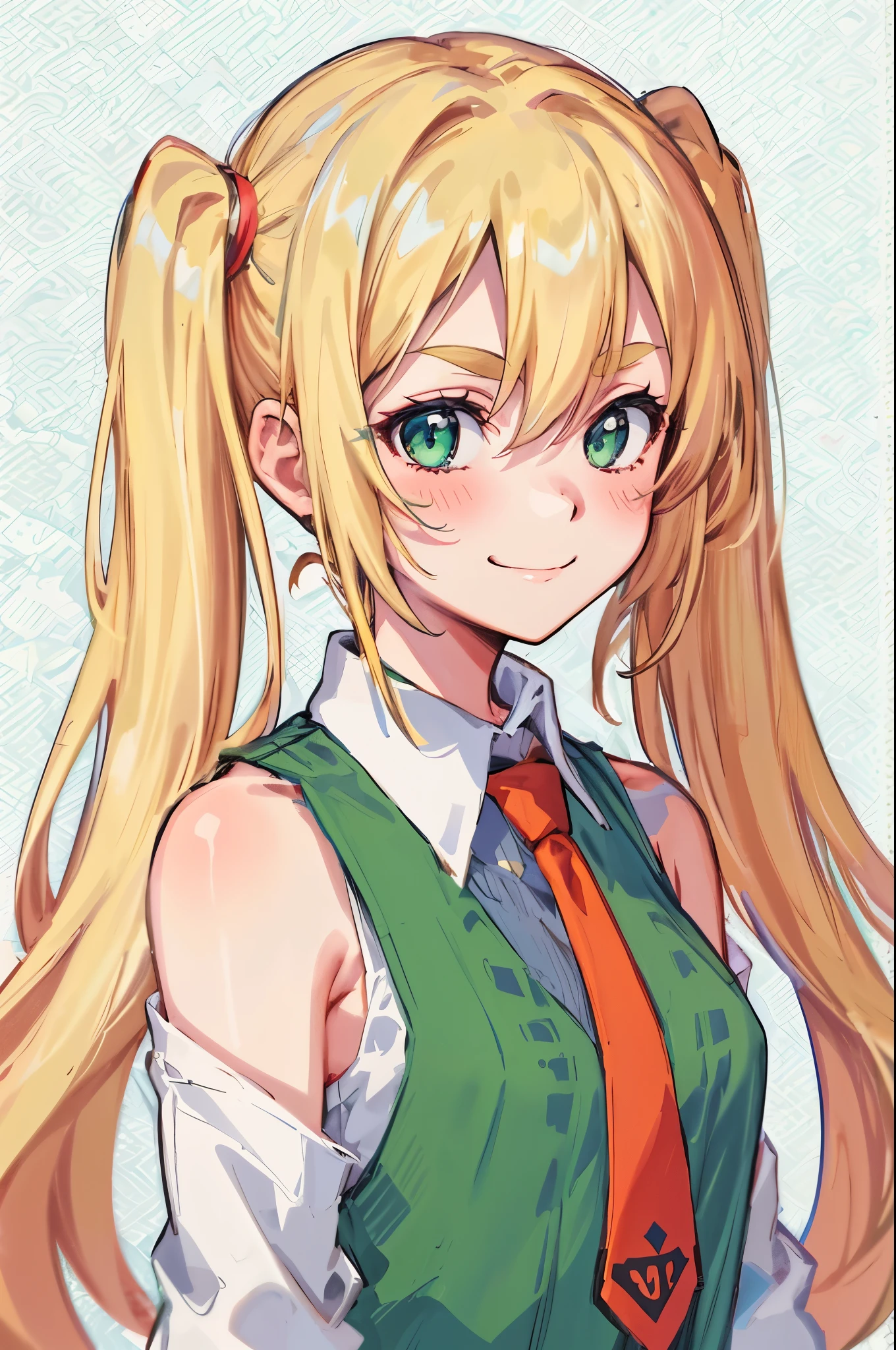 1girl, rating:safe, solo, white_shirt, smile, shirt, blonde_hair, closed_mouth, bangs, hair_between_eyes, collared_shirt, blush, long_sleeves, twintails, sleeveless, dress, eyebrows_visible_through_hair, looking_at_viewer, sleeveless_dress, upper_body, green_eyes, simple_background, long_hair, necktie