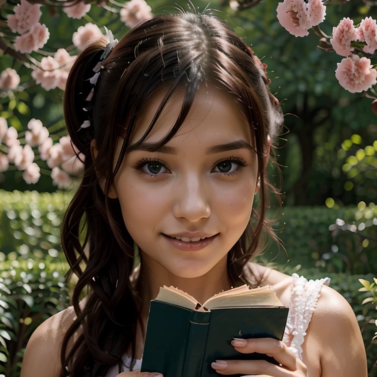 A young Christian woman, cabelos cacheados castanho, olhos cor de mel, boca e bochechas rosasas, holding a bible in a beautiful garden
