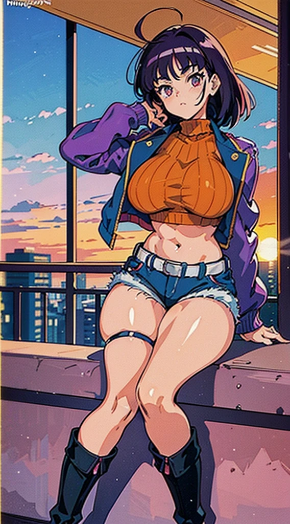 1990s anime, (masterpiece), high-definition, vibrant colors, korean girl, big boobs, big hips, messy dark purple hair, orange eyes, crop top sweater, jacket, shorts, belt, thong, thigh high stockings, boots, fishnet, balcony, leaning on the railing, sunset