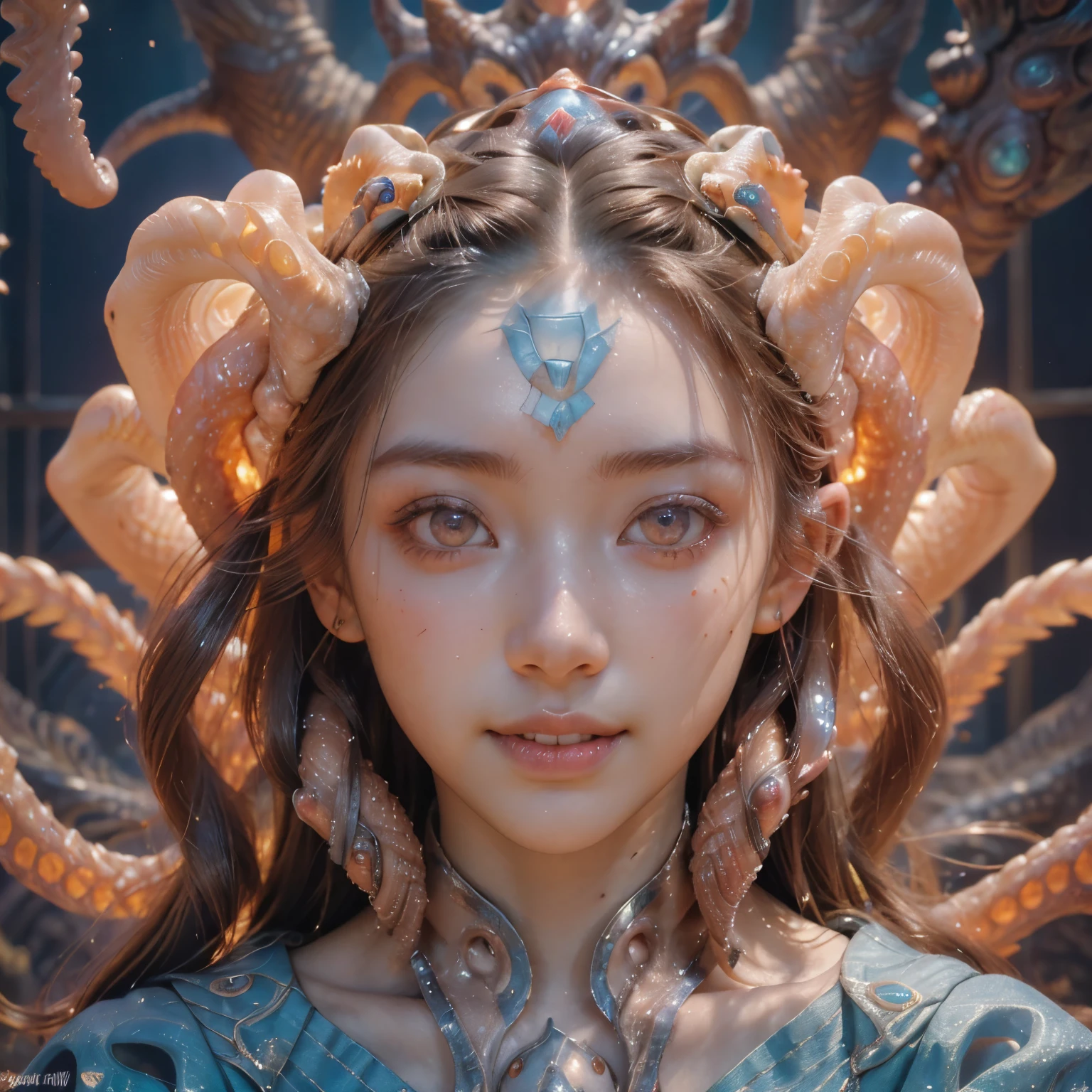 best quality, masterpiece, ultra high resolution, (photos realistic:1.7), scary and sexy detailed art in color, Portrait, (beautiful and obscene female alien:1.4), (vulgarity1.7), (she has red eyes with no pupils:1.8), (She has translucent pale skin:1.7), (There is a female genital-like organ in the middle of the forehead:1.95), (She has the most beautiful face in the history of the universe:1.2), (She has multiple bioluminescent organs on the side of her tentacles:1.4), (Her body is covered with an iridescent exoskeleton:1.3), an evil gaze that seduces, (large mouth:1.1), (sharp teeth like a vampire:1.2), Full body portrait, (bio luminescent:1.5), (Smile wickedly:1.3), (sexypose:1.5), alien, No humans, cells are fused, (There are lots of translucent tentacles from her head:1.3) extraterrestrial, cell, bio image, best quality, 8K,In 4K_quality, High freshness, Dramatic Lighting, cinematic quality, detail up, (exquisite details:1.2), High freshness, drawing faithfully, (Thick eyebrows:1.2), Beautiful eyes with fine symmetry,(Highly detailed face and eyes:1.2),(Super detailed skin quality feeling:1.4), perfect anatomy, (Beautiful toned body:1.5), (Moist skin:1.2), not wearing makeup, (dark circles:1.1), long canines, cinematic drawing of characters, cinematic quality, detail up, (exquisite details:1.2), high resolution, High freshness, drawing faithfully, official art, Unity 8K Wall paper, ultra detailed artistic photography, midnight aura, unreal engine 5, Ultra Sharp Focus, art by Amano Yoshitaka, ArtGerm, Roisch, intricate artwork,ultra realistic realism, dream-like, nautilus, Creation of fantasy, dream Snail, (biopunk nautilus:1.3),Thrilling color schemes, seductively smiling, Blue tentacles, Amazing mutation, well-proportioned body, goddess of the deep sea, fractal, Geometric pattern, impossible figures,(asymmetry:1.4), (white tentacles with blue stripes:1.4), subtle emerald green accents, (expression of ecstasy:1.6), She is doing a sexy pose like a nude model