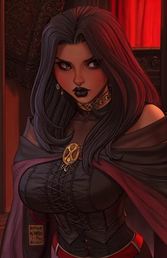 Mulher bonita com cabelo preto, corset vermelho, capa preta, perto de uma foqueria, castelo, Peitos grandes, decote,