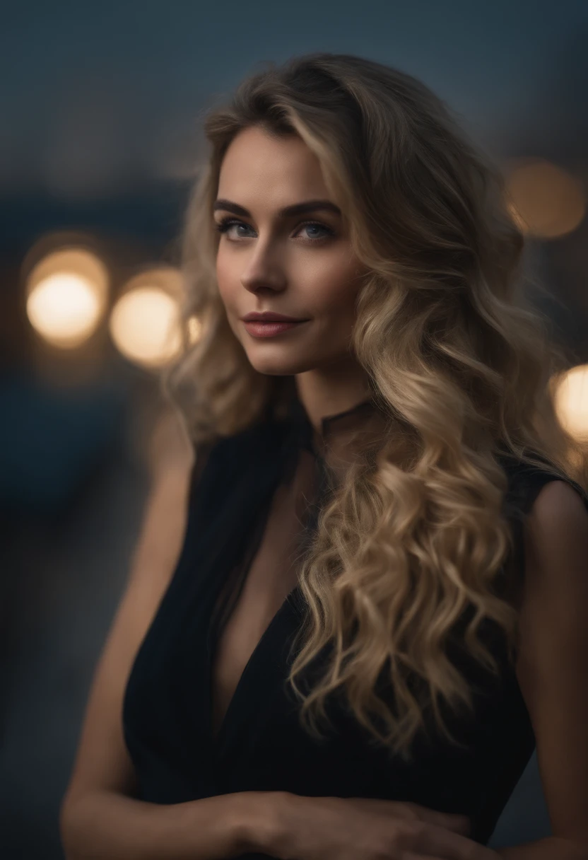realistic full body focus picture of an european woman, age 30, with messy wavy hair and blonde highlights, beautiful blue eyes and an exquisite face. The blonde highlights catch the light, adding a luminous glow to her disheveled yet alluring hair. she wear beautifull black formal dress, light smile, Social realism, UHD, UHD, UHD, highres, best quality, high quality, high details, super detail, masterpiece, ccurate, retina, 8k