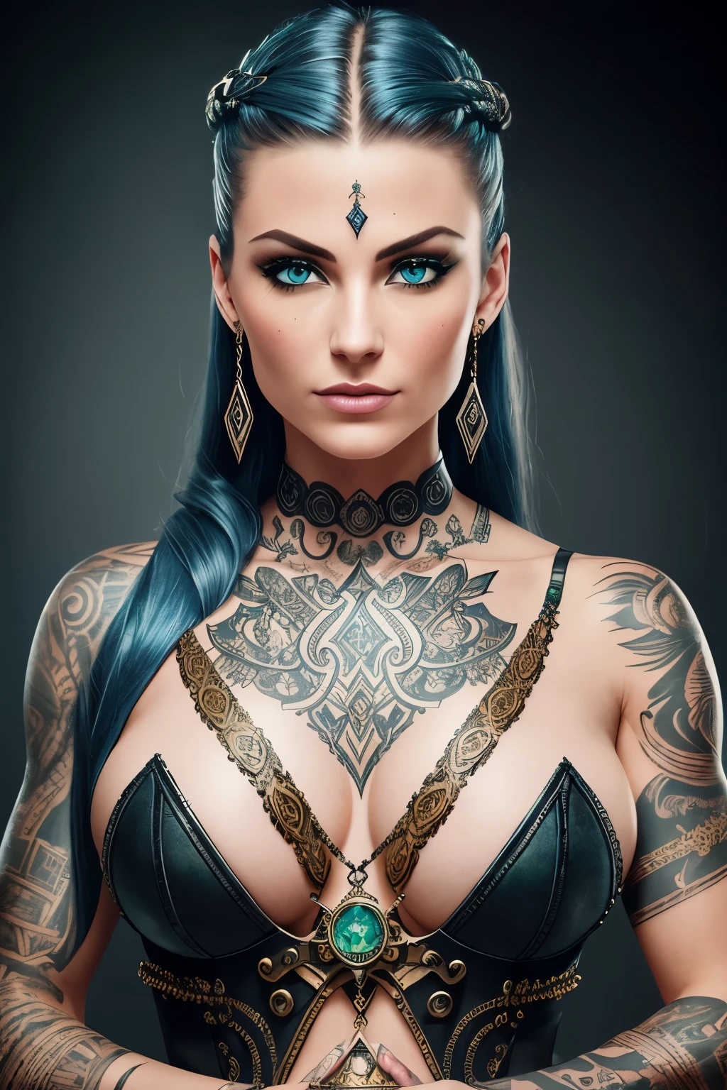 A powerful Viking warrior woman, adorned with intricate tattoos covering her toned body, stands resolutely with a steampunk contraption in the background. Blood trickles down her chiseled jawline, adding an element of excitement and danger. In the foreground lies an emerald gemstone, her precious treasure. The scene is bathed in the best quality light, creating a masterpiece of shadows and brilliant highlights. Every detail of her perfect face is meticulously rendered, from her piercing blue eyes to the defined features of her nose and lips. Her intricate tattoos and the steampunk contraption are highly detailed, seamlessly blending technology and nature in this vivid and dramatic image. (det