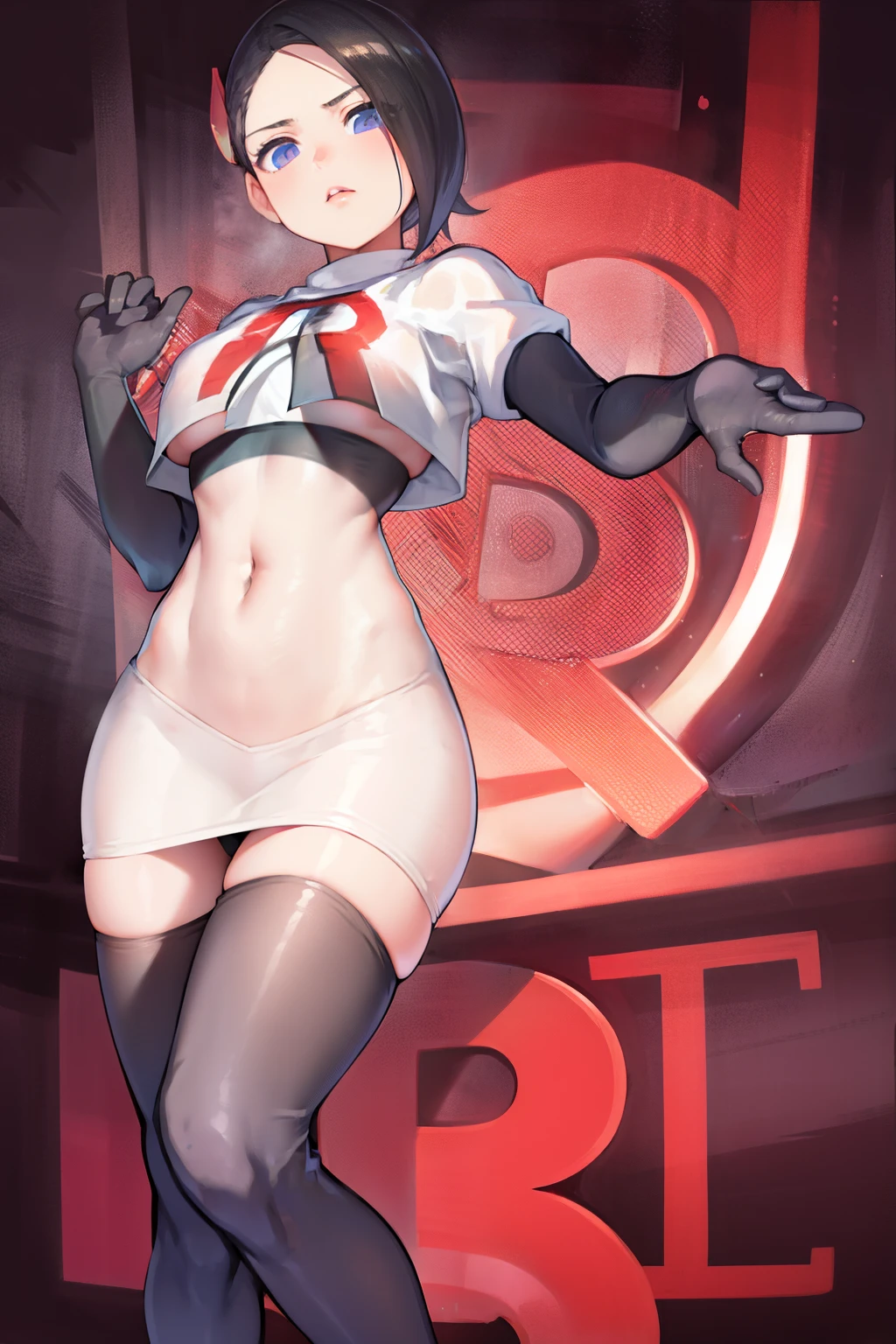mai, 1girl, breasts, looking at viewer, short hair, blue eyes, black hair, hair ornament, bow-shaped hair, team rocket,team rocket uniform,white skirt,crop top,black thigh-highs,black elbow gloves,