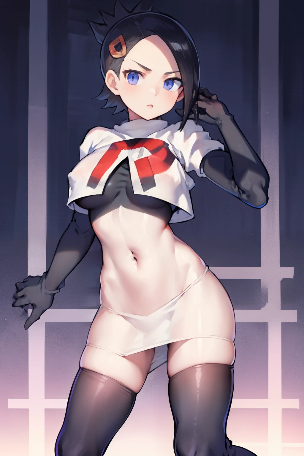mai, 1girl, breasts, looking at viewer, short hair, blue eyes, black hair, hair ornament, bow-shaped hair, team rocket,team rocket uniform,white skirt,crop top,black thigh-highs,black elbow gloves,