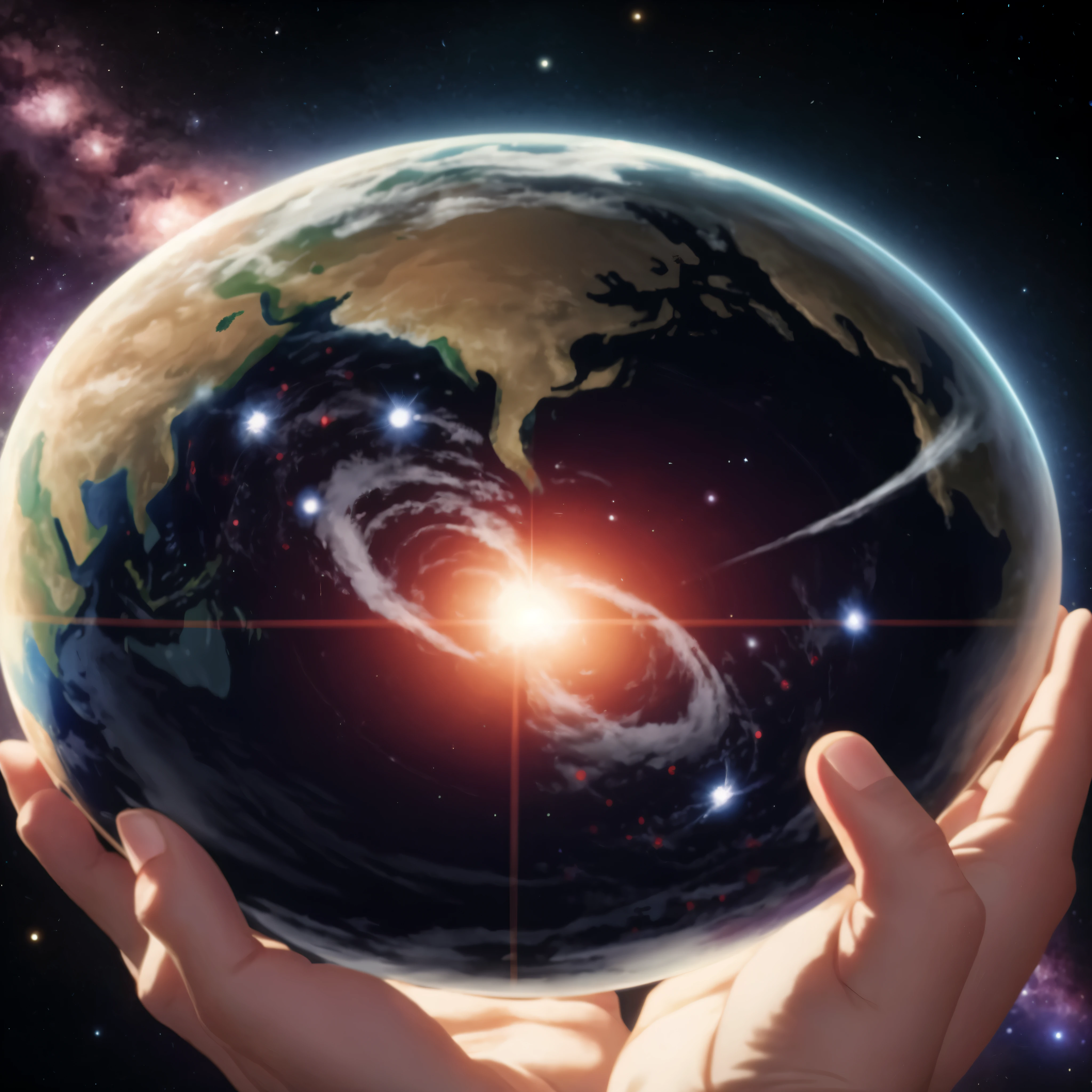 someone holding a small planet in their hands with a star in the background, holding a planet, holding the earth, creation of the world, with earth, gently caressing earth, is holding a tiny planet earth, the encrypted metaverse, deeper into the metaverse we go, distributed consciousness, mother earth, humanity like cosmic structure, our planet