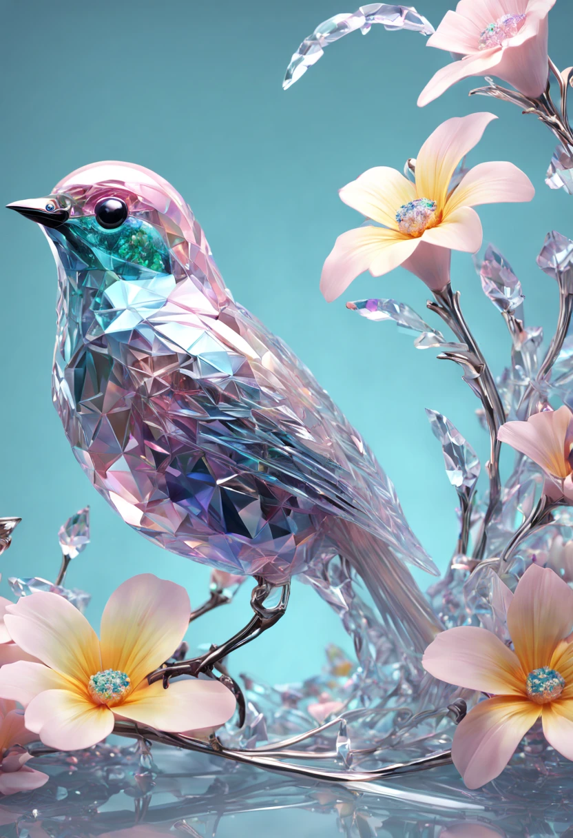 Delicate (pastel color crystal bird: 1.5) crystal glass, glitter, amongst flowers on branch, complex 3d render ultra detailed of a beautiful bird, beautiful studio soft light, rim light, vibrant details, cyberpunk, hyperrealistic, breathtaking fantasycore by Alberto Seveso, Erin Hanson, Jeremy Mann. maximalist highly detailed intricate professional photography, masterpiece, 8k resolution concept art, Artstation, cool colors, Unreal Engine 5, cgsociety, octane photo