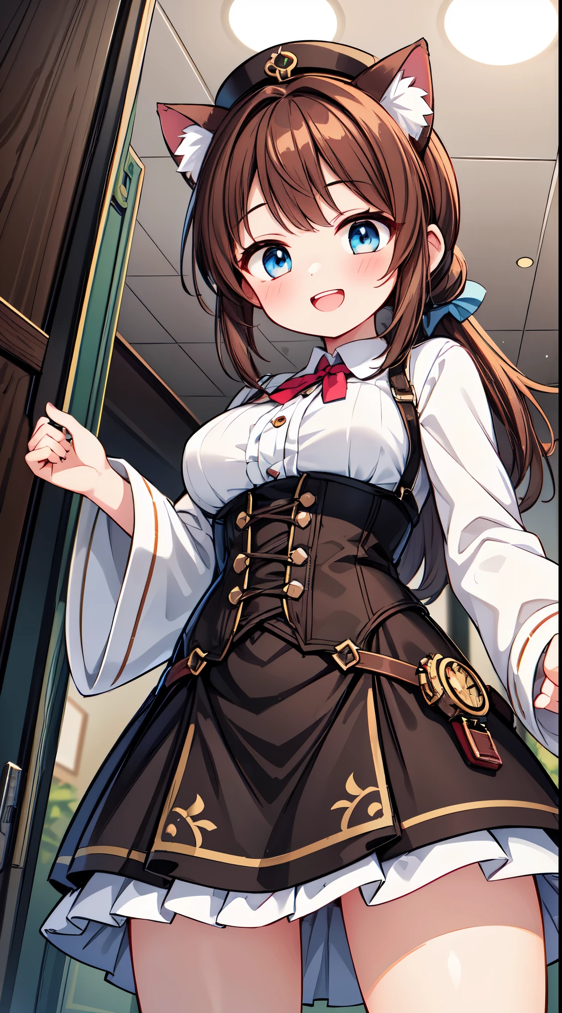 (8k, best quality, masterpiece:1.2),(best quality:1.0), (ultra highres:1.0), watercolor,
BREAK, 1 beautiful girl, (17 years old girl),Solo,(Cute:1.5),(Chibi:0.6),(kawaii:1.5),(Lori:0.5),BREAK,1 beautiful girl, (17 years old girl), Very detailed, colourfull, highest details, BREAK, (Huge breasts: 1. 2), Clear skin, Beautiful skin, Shy skin, 1 beautiful girl, (Brown hair:1.75), (Cat ears, Ponytail, medium-Long hair: 1. 2), (Light blue eyes, long eyelashes, Double eyelids: 1. 2),Solo,gleaming skin, Clear skin, Beautiful skin,(best quality face),(Top quality glowing eyes),(The best smile,:D:1.45), nose blush, sleepy, grin, open mouth,
BREAK, train,station,(a girl), platform, snow, BREAK, (steampunk-inspired motif:1.33), smoky lace, brown corset, (closed collar long-sleeved blouse:1.2) heavy coat with black frills, a volumey pannier under a (long skirt:1.3), lace ruffle socks, top hat, goggles, lace-up boots, leather glove, steampunk-items,
BREAK,wakame,wakame,wakame,(Cowboy Shot,from below:1.4),
BREAK,(Blurry background:1.3),(absurderes, hight resolution, Super Detail Art),cel shading,Clear Color, Lonely optical effect, Beautiful pictures, Bright glow, mystic atmosphere,(Close-up of girl:1.1), Mystical light particle effect,manga influence, clean line drawings,