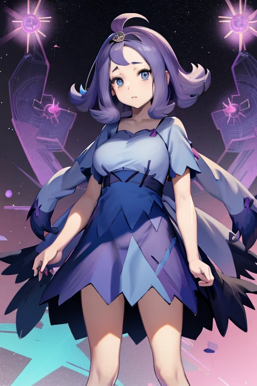 anime girl with purple hair and blue eyes, **** in dress, pokemon anime style, pokemon trainer outfit, detailed fanart, pokemon art style, anime moe artstyle, illustration pokemon, high quality fanart, by Kanbun Master, she has purple hair, official art, anime monster girl, by Puru, large breasts