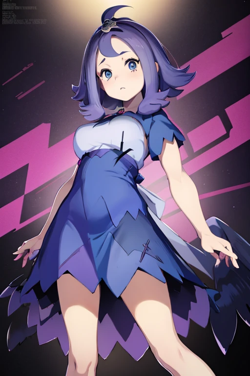 anime girl with purple hair and blue eyes, **** in dress, pokemon anime style, pokemon trainer outfit, detailed fanart, pokemon art style, anime moe artstyle, illustration pokemon, high quality fanart, by Kanbun Master, she has purple hair, official art, anime monster girl, by Puru, large breasts