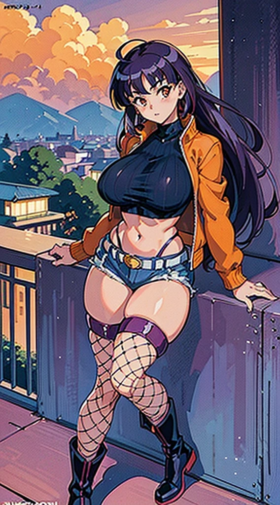 1990s anime, (masterpiece), high-definition, vibrant colors, korean girl, big boobs, big hips, messy dark purple hair, orange eyes, crop top sweater, jacket, shorts, belt, thong, thigh high stockings, boots, fishnet, balcony, leaning on the railing, sunset