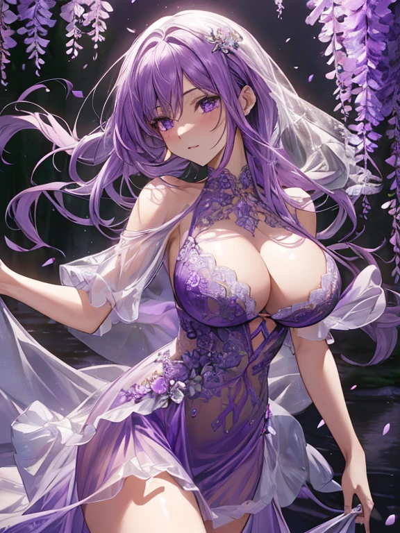 {{{{masterpiece}}}}, {{{super detailed}}}, {{{High resolution}}}, {{excellent anatomy}}, (((highest quality))), ((very delicate and beautiful)), {{very detailed and delicate}}, {8k cg wallpaper},((detailed background))One female、best style、beautiful woman、The most beautiful woman in the world、Purple flowers are blooming on the purple lake surface, soft purple glow, Purple light, (purple wisteria forest), Dynamic lighting for the wisteria season, art, shining purple, Purple petals are dancing everywhere、 The blossoming path to heaven, purple glow、Purple water、purple reflective water surface、purple light、(Sexy sheer dress:1.5),((big breasts))、show through、waterside and wisteria、Detailed design、beautiful design、sexy pose、Sheer skin、shape of nipple