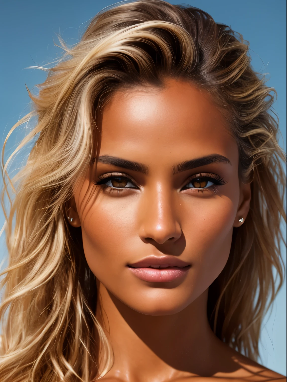 A photorealistic portrait of a stunningly beautiful tanned Brazilian female supermodel with light make-up, photo for the cover of a fashion magazine, extremely detailed light honey eyes, detailed symmetric realistic face, extremely detailed natural texture, peach fuzz, windy messy hair, sexy, masterpiece, absurdres, award winning photo by lee jeffries, nikon d850 film stock photograph, kodak portra 400 camera f1.6 lens, extremely detailed, amazing, fine detail, rich colors, hyper realistic lifelike texture, dramatic lighting, unrealengine, trending on artstation, cinestill 800 tungsten, looking at the viewer, photo realistic, RAW photo, TanvirTamim, high quality, highres, sharp focus, extremely detailed, cinematic lighting, 8k uhd,-imagine-
