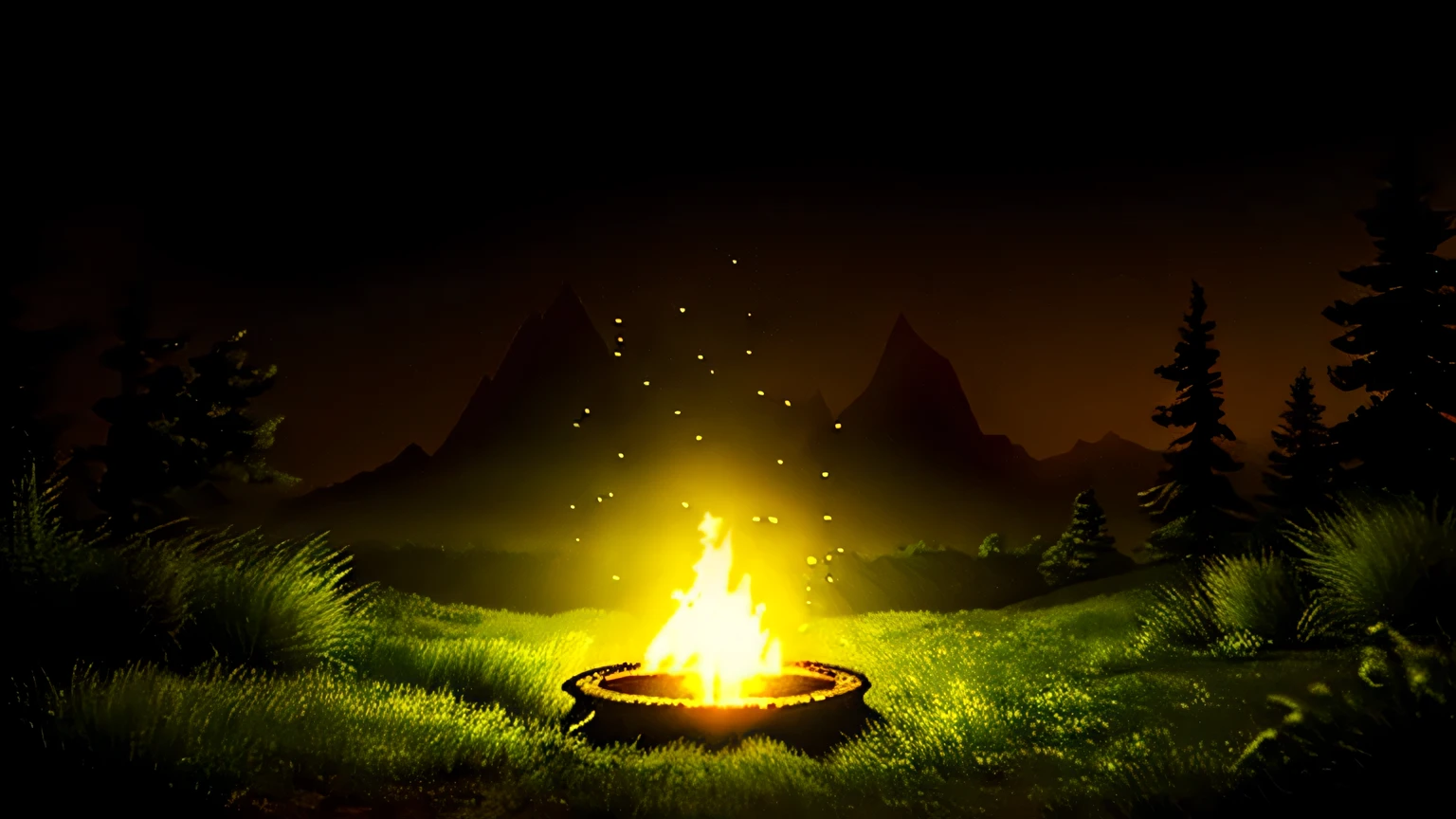 dark, moonless, fire pit, forest, shadows in distance