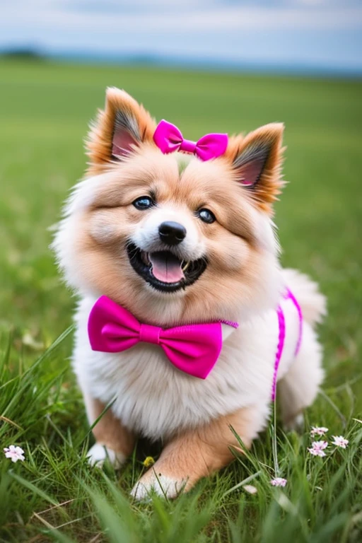 chubby very hairy German Spitz dog with pink bandana around neck and bow on head on a flowering grass