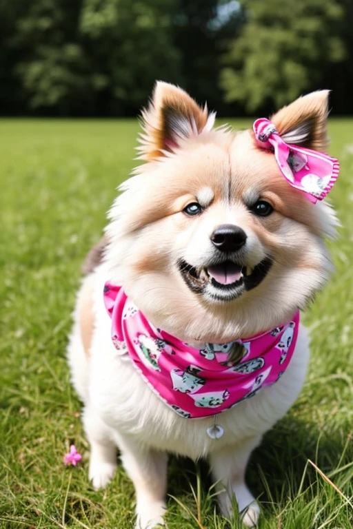 chubby very hairy German Spitz dog with pink bandana around neck and bow on head on a flowering grass