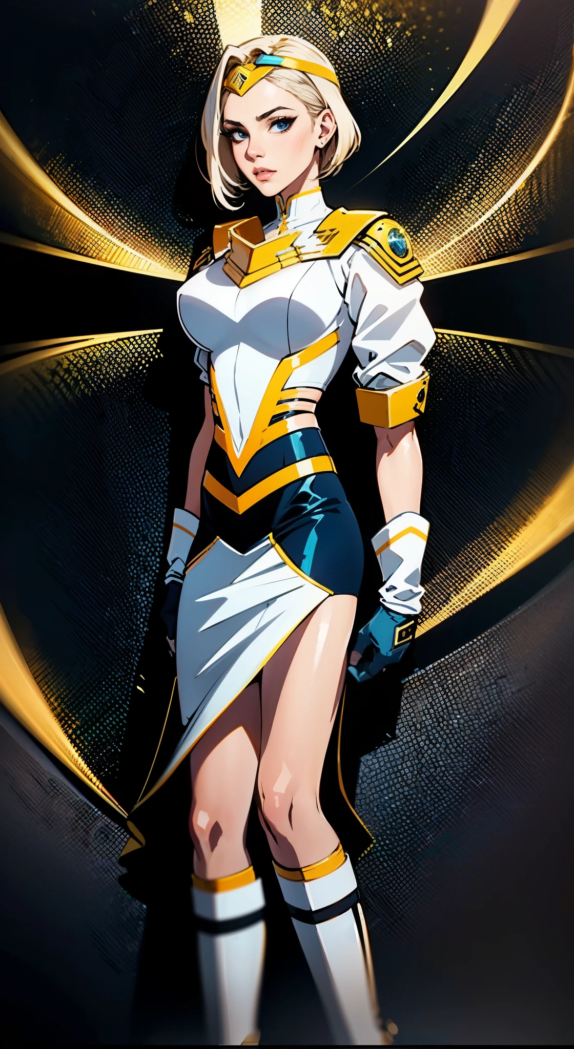 A girl with short light golden hair, a metal headband on her forehead, an icy gaze, a detached expression, a smooth and exquisite facial appearance, a sci-fi military uniform, white as the main color, complemented by blue and yellow accents, short sleeves, gloves, short skirt integrated with the outfit, dark fitted pants, knee-high military boots, standing in a futuristic sci-fi-styled room, Surrounded by AR virtual interfaces, this character embodies a finely crafted a futuristic sci-fi female officer in anime style, exquisite and mature manga art style, high definition, best quality, highres, ultra-detailed, ultra-fine painting, extremely delicate, professional, anatomically correct, symmetrical face, extremely detailed eyes and face, high quality eyes, creativity, RAW photo, UHD, 8k, Natural light, cinematic lighting, masterpiece-anatomy-perfect, masterpiece:1.5