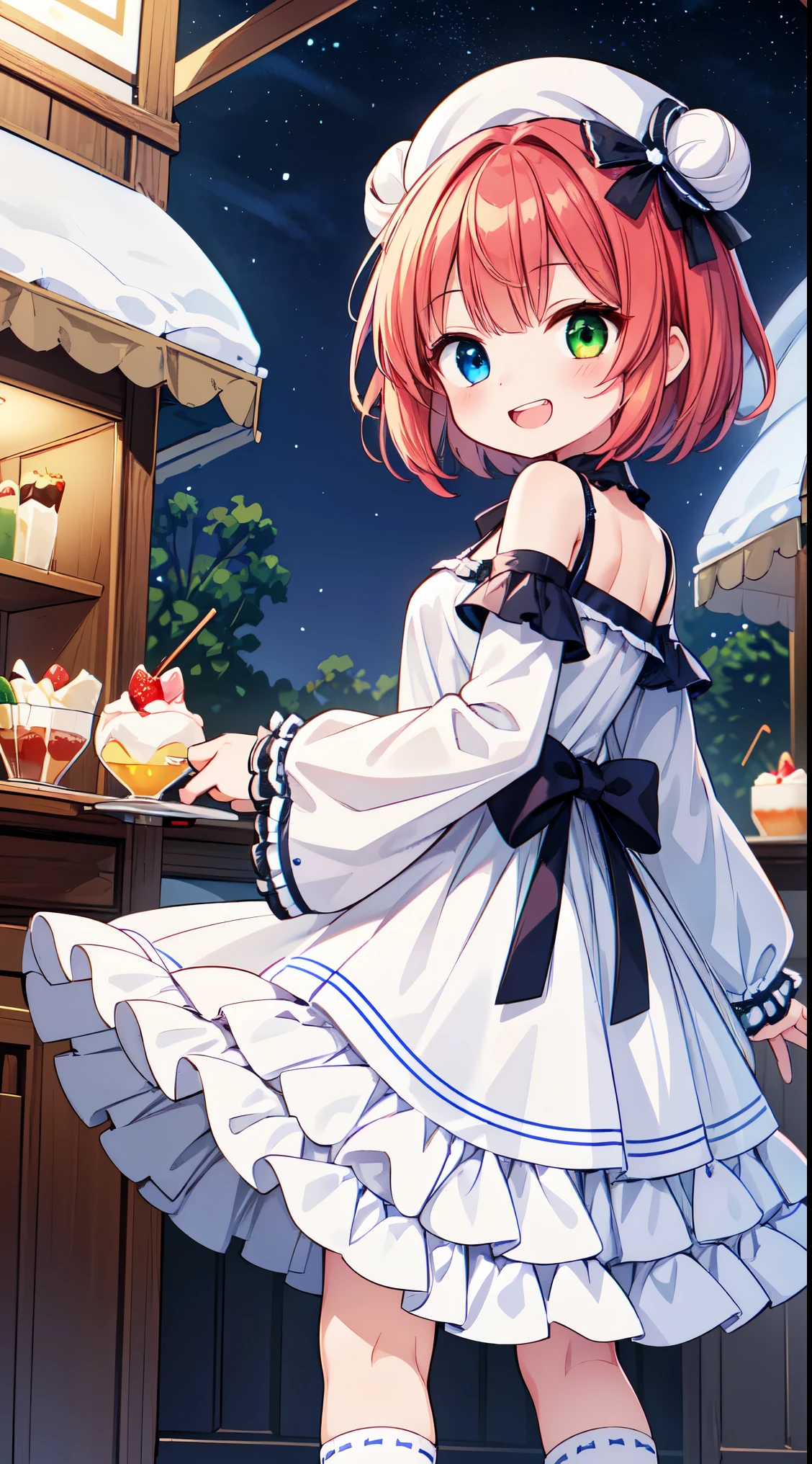 (8k, best quality, masterpiece:1.2),(best quality:1.0), (ultra highres:1.0), watercolor,


BREAK,  1 beautiful girl, (kawaii:1.5), (Chibi: 0.8), (kawaii: 1.5), (Lori: 0.5), ( girl), BREAK(Red hair, short-hair,Two buns hair:1.4),(:D,grin:1.3),( Heterochromia,The blue eyes,The green eyes, Eye Highlights,The first hyperfine stars:1.45), star the eye silhouette thick eyelashes, naked boobs double eyelids:1.2),(de pele branca), (The best smile,:D:1.45),
BREAK, train,station,(a girl), platform, snow, BREAK, (dessert motif inspired:1.2), white lace, (closed collar long-sleeved blouse:1.2) with frilled and ribbon, a volumey pannier under a (dessert-pattern long dress:1.6) with (lots of layered frills:1.2) and ribbons, (lace ruffle socks:1.2), dessert-themed accessories, hat, platform shoes,


BREAK,wakame,wakame,wakame,(Cowboy Shot,from behind1.4), 


BREAK,(Blurry background:1.3),(absurderes, hight resolution, Super Detail Art),cel shading,Clear Color, Lonely optical effect, Beautiful pictures, Bright glow, mystic atmosphere,(Close-up of girl:1.1), Mystical light particle effect,manga influence, clean line drawings, 