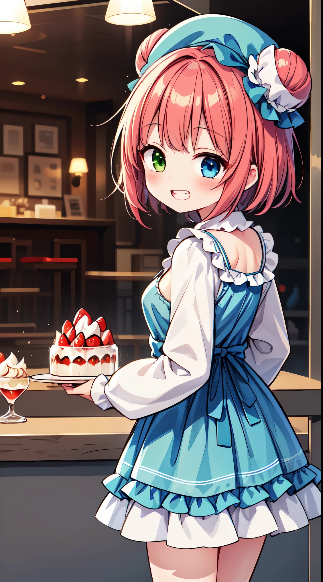 (8k, best quality, masterpiece:1.2),(best quality:1.0), (ultra highres:1.0), watercolor,
BREAK, 1 beautiful girl, (kawaii:1.5), (Chibi: 0.8), (kawaii: 1.5), (Lori: 0.5), (17 years old girl), BREAK(Red hair, short-hair,Two buns hair:1.4),(:D,grin:1.3),( Heterochromia,The blue eyes,The green eyes, Eye Highlights,The first hyperfine stars:1.45), star the eye silhouette thick eyelashes, naked boobs double eyelids:1.2),(de pele branca), (The best smile,:D:1.45),
BREAK, train,station,(a girl), platform, snow, BREAK, (dessert motif inspired:1.2), white lace, (closed collar long-sleeved blouse:1.2) with frilled and ribbon, a volumey pannier under a (dessert-pattern long dress:1.6) with (lots of layered frills:1.2) and ribbons, (lace ruffle socks:1.2), dessert-themed accessories, hat, platform shoes,
BREAK,wakame,wakame,wakame,(Cowboy Shot,from behind1.4),
BREAK,(Blurry background:1.3),(absurderes, hight resolution, Super Detail Art),cel shading,Clear Color, Lonely optical effect, Beautiful pictures, Bright glow, mystic atmosphere,(Close-up of girl:1.1), Mystical light particle effect,manga influence, clean line drawings,
