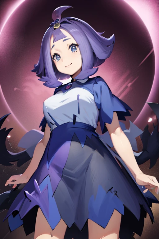 anime girl with purple hair and blue eyes, **** in dress, pokemon anime style, pokemon trainer outfit, detailed fanart, pokemon art style, anime moe artstyle, illustration pokemon, high quality fanart, by Kanbun Master, she has purple hair, official art, anime monster girl, by Puru, large breasts, smile, post, kawaii