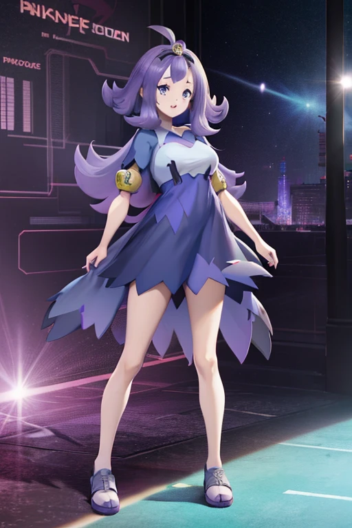 anime girl with purple hair and blue eyes, **** in dress, pokemon anime style, pokemon trainer outfit, detailed fanart, pokemon art style, anime moe artstyle, illustration pokemon, high quality fanart, by Kanbun Master, she has purple hair, official art, anime monster girl, by Puru, large breasts, smile, post, kawaii