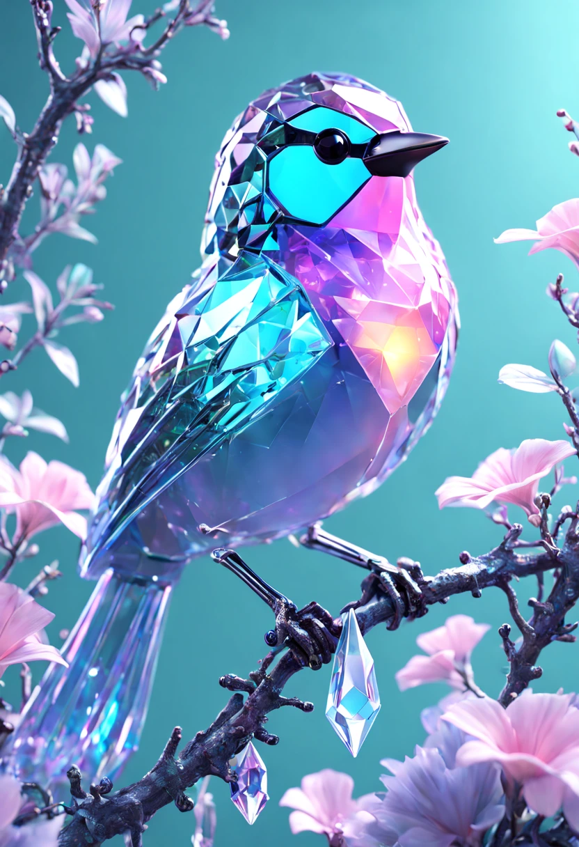 Delicate (pastel color crystal bird: 1.5) crystal glass, glitter, amongst flowers on branch, complex 3d render ultra detailed of a beautiful bird, beautiful studio soft light, rim light, vibrant details, cyberpunk, hyperrealistic, breathtaking fantasycore by Alberto Seveso, Erin Hanson, Jeremy Mann. maximalist highly detailed intricate professional photography, masterpiece, 8k resolution concept art, Artstation, cool colors, Unreal Engine 5, cgsociety, octane photo