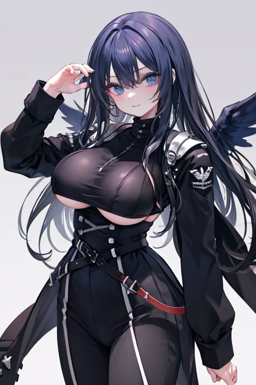 Black hair, blue eyes, large breast, sexy, beautiful body, bed, Masterpiece, angel, white wings, smile