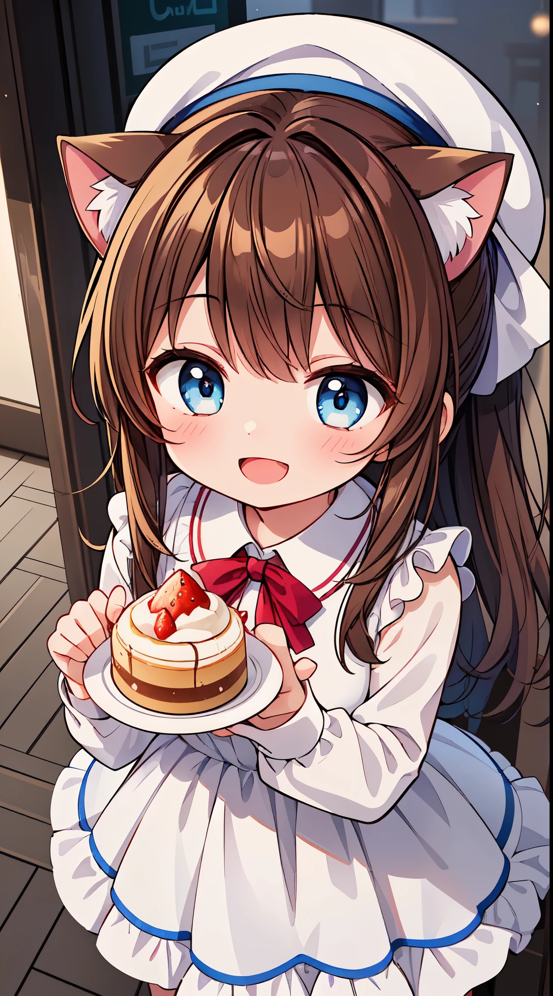 (8k, best quality, masterpiece:1.2),(best quality:1.0), (ultra highres:1.0), watercolor,
BREAK, 1 beautiful girl, ( girl),Solo,(Cute:1.5),(Chibi:0.6),(kawaii:1.5),(Lori:0.5),BREAK,1 beautiful girl, (17 years old detailed, colourfull, highest details, BREAK, (Huge breasts: 1. 2), Clear skin, Beautiful skin, Shy skin, 1 beautiful girl, (Brown hair:1.75), (Cat ears, Ponytail, medium-Long hair: 1. 2), (Light blue eyes, long eyelashes, Double eyelids: 1. 2),Solo,gleaming skin, Clear skin, Beautiful skin,(best quality face),(Top quality glowing eyes),(The best smile,:D:1.45), nose blush, sleepy, grin, open mouth,
BREAK, train,station,(a girl), platform, snow, BREAK, (dessert motif inspired:1.2), white lace, (closed collar long-sleeved blouse:1.2) with frilled and ribbon, a volumey pannier under a (dessert-pattern long dress:1.6) with (lots of layered frills:1.2) and ribbons, (lace ruffle socks:1.2), dessert-themed accessories, hat, platform shoes,
BREAK,wakame,wakame,wakame,(Cowboy Shot,from above:1.4),
BREAK,(Blurry background:1.3),(absurderes, hight resolution, Super Detail Art),cel shading,Clear Color, Lonely optical effect, Beautiful pictures, Bright glow, mystic atmosphere,(Close-up of girl:1.1), Mystical light particle effect,manga influence, clean line drawings,
