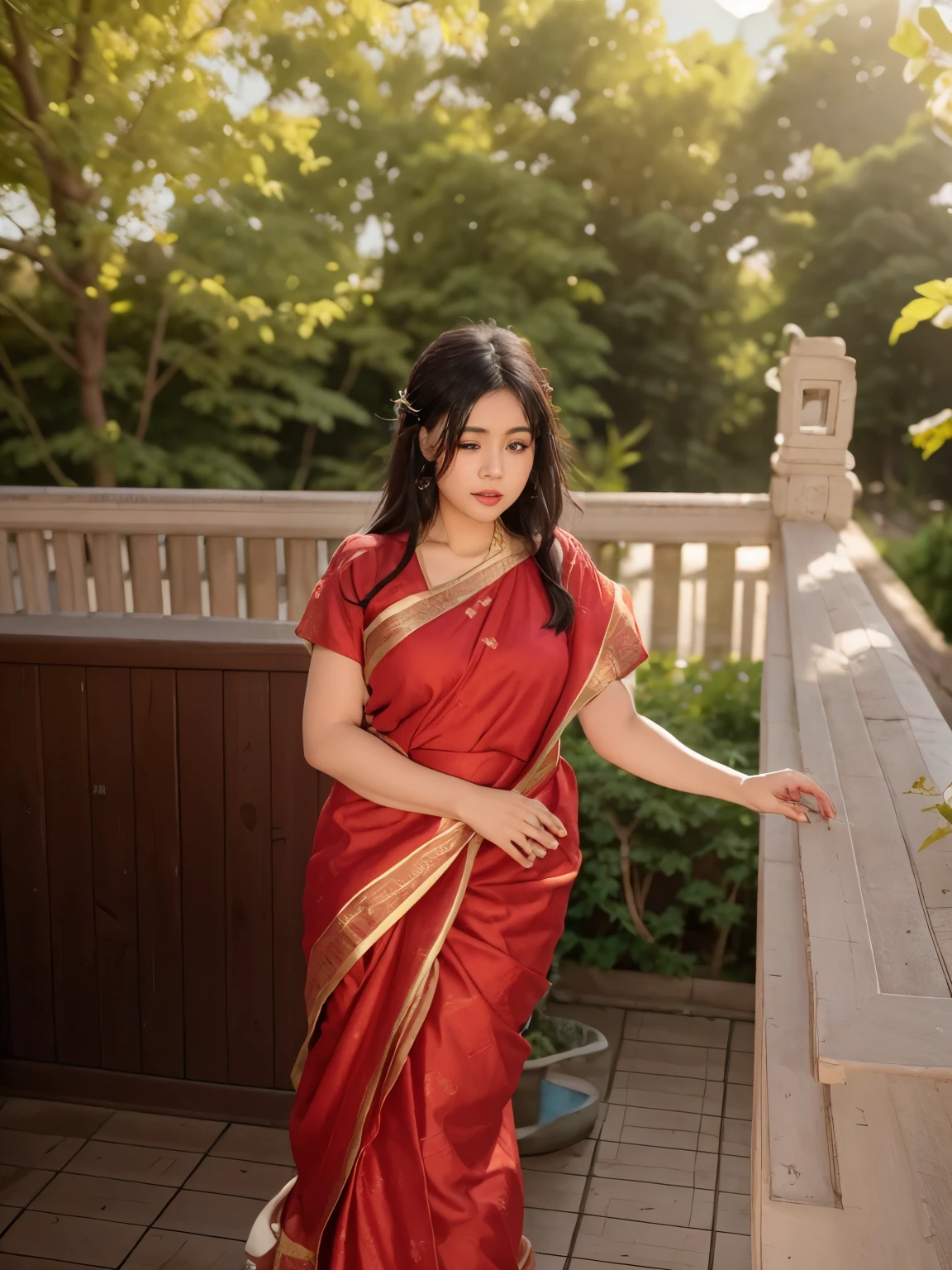 cute sexy girl, black hair, medium boobsrealistic face,8k there is a woman standing on a balcony with a city in the background, assamese aesthetic, taken with sony alpha 9, with a city in the background, wearing bihu dress mekhela sador, candid picture, with lovely look, dressed in a sari, traditional beauty, inspired by Bikash Bhattacharjee, wearing a sari, shot with sony alpha