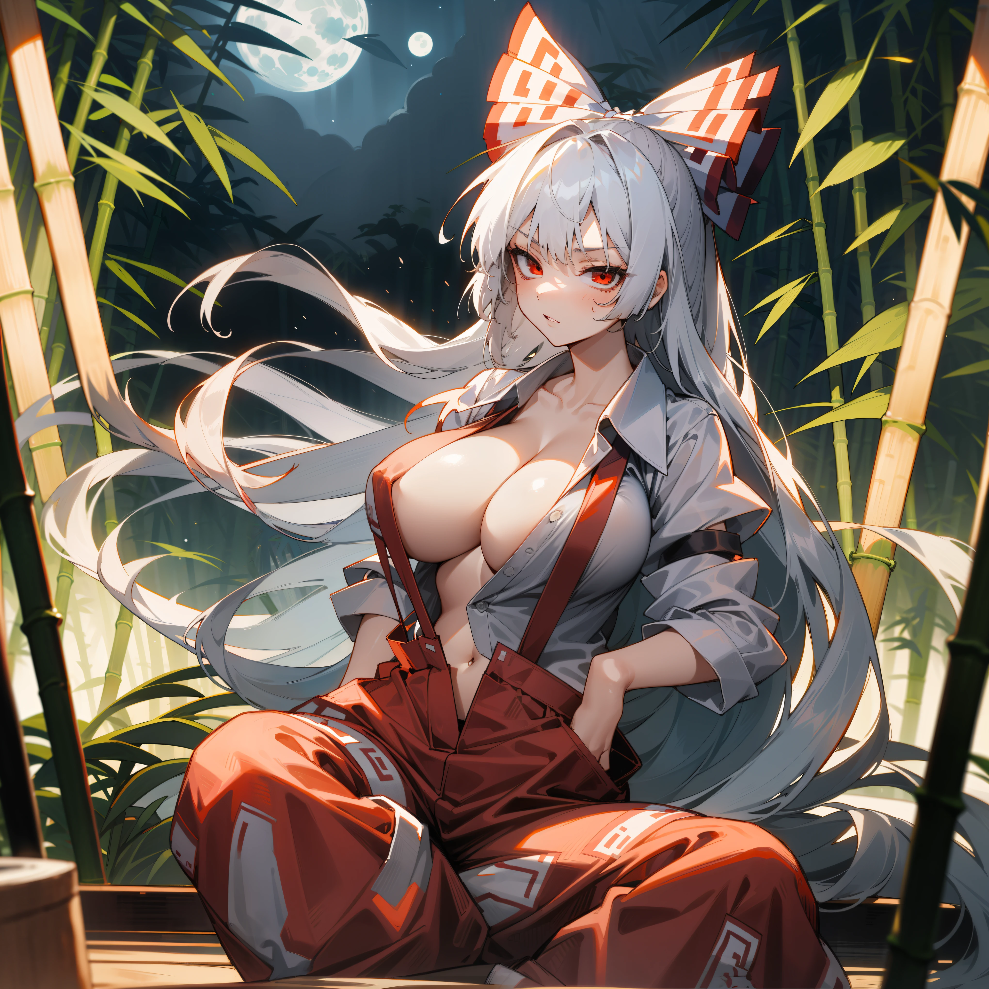 1girl, Fujiwara no Mokou(from Touhou. She has huge tits) in bamboo forest. She has white hair, red eyes. She's wearing a white shirt, sit, night, moon, hair ribbons, unbuttoned shirt, tits