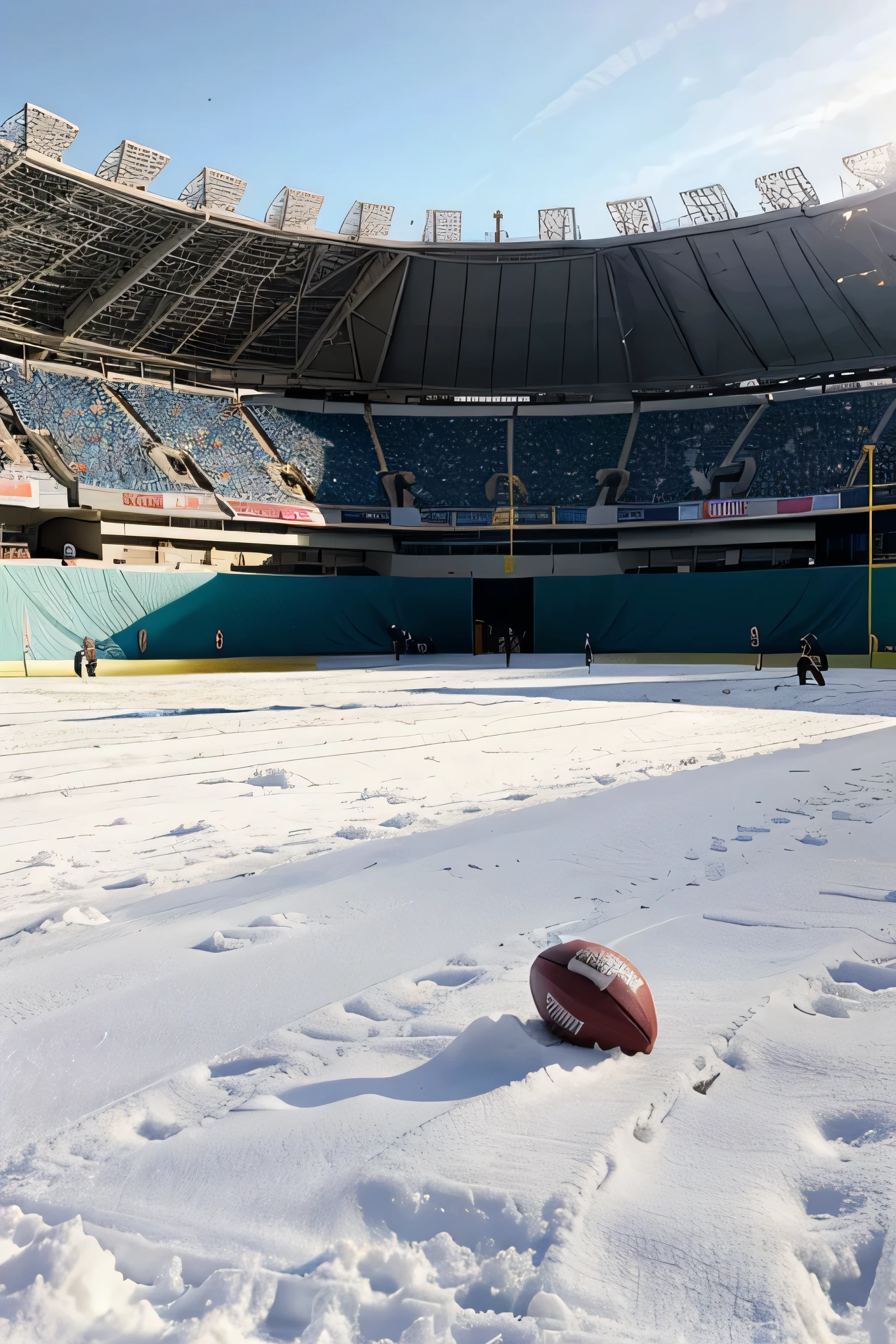 Campo da NFL na neve de tarde com torcida