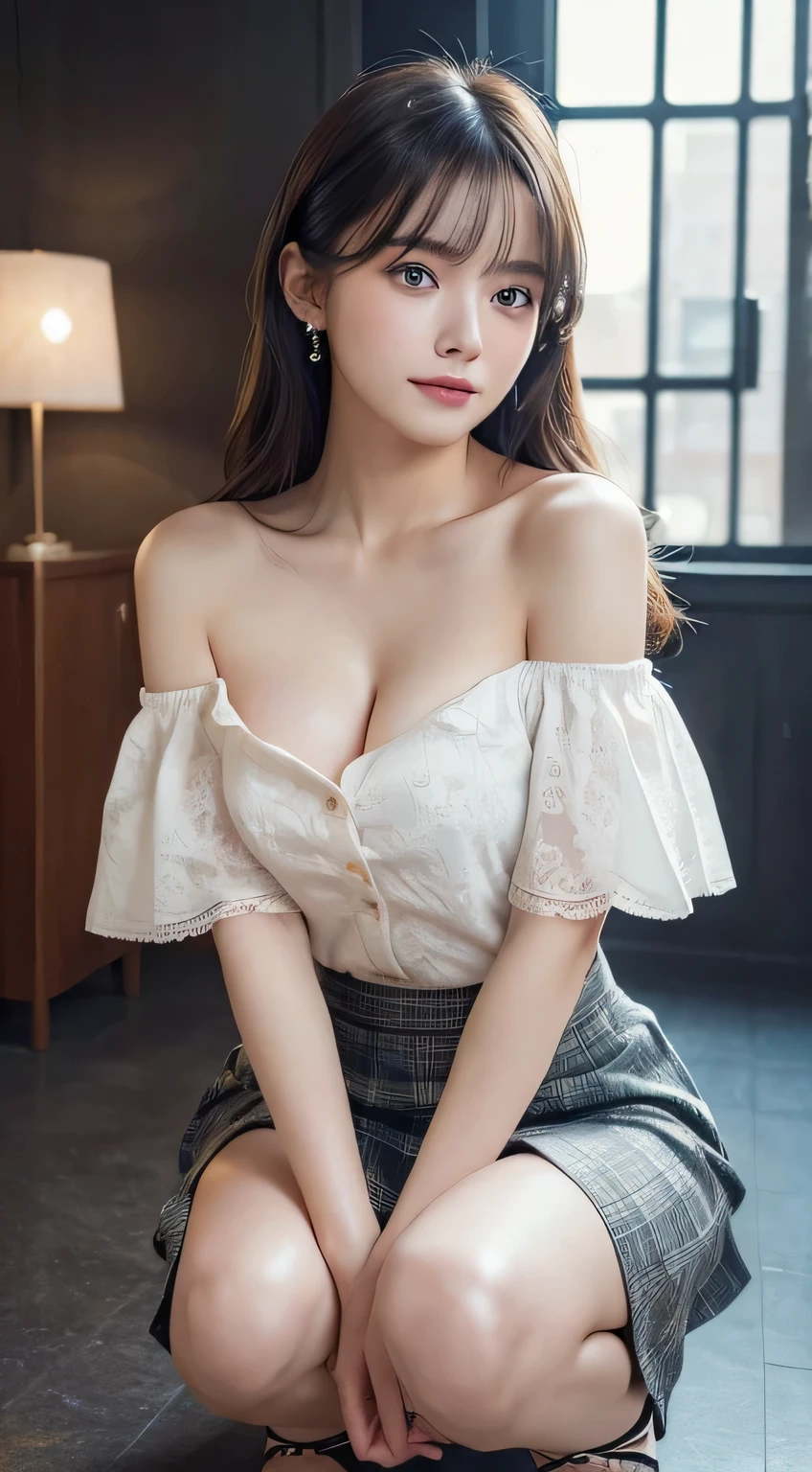 Innocent 16 year old girl、((random color off shoulder blouse,skirt,dramatic pose)),cute face,bright eyes,tear bag,shy smile,shortcut,bed background,RAW photo, (8K、highest quality、masterpiece:1.2)、(intricate details:1.4)、(realistic:1.4)、octane rendering、Intricate 3D rendering Super detaileded, soft light in the studio, rim light, vivid details, Super detailed, realistic skin texture, face, beautiful detailed eyes, Highly detailed CG Unity 16k wallpaper, compensate, (detailed background:1.2), shiny skin, whole body、Draw from head to foot、cleavage,((Squat with your knees bent,M-shaped legs))