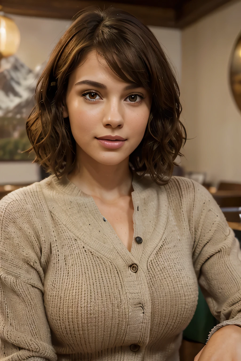 Breathtaking cinematic photo of a 25 year old girl with brown hair and brown eyes, happy, cheerful expression, closed mouth, beautiful lips, intricate details, shallow depth of field, highly detailed, high budget, epic Hollywood film, gorgeous, masterpiece, award-winning, professional, highly detailed, detailed skin texture, (blush: 0.5), (goosebumps: 0.5). (the most beautiful woman in the world) (brown hair) (short curly hair, wild hair, stylish cut) thin face, thin nose, beautiful, very beautiful, perfect face, slender body (slender), (brown hair) (brown eyes ) (white skin) Beautiful body, western face, predatory eyes, pink lips, thick thighs. full body, western beauty, thin nose, beautiful, perfect, ((best quality)), ((ultra resolution)), ((photorealistic: 1.4)), (intricate details), perfect face, makeup: 1.5 , clear face, facial details. The travel model enjoys a moment of relaxation at a café with a stunning mountain view. She's dressed in a cozy yet chic winter ensemble. The snowy peaks of the Alps and the charming streets of Innsbruck provide a picturesque backdrop, creating a perfect blend of warmth and winter magic.