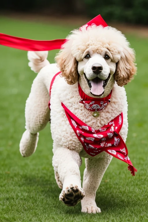  Large shaved poodle dog with red bandana around its neck running fast on flowery grass