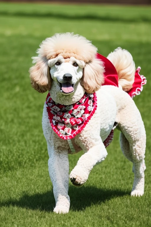  Large shaved poodle dog with red bandana around its neck running fast on flowery grass